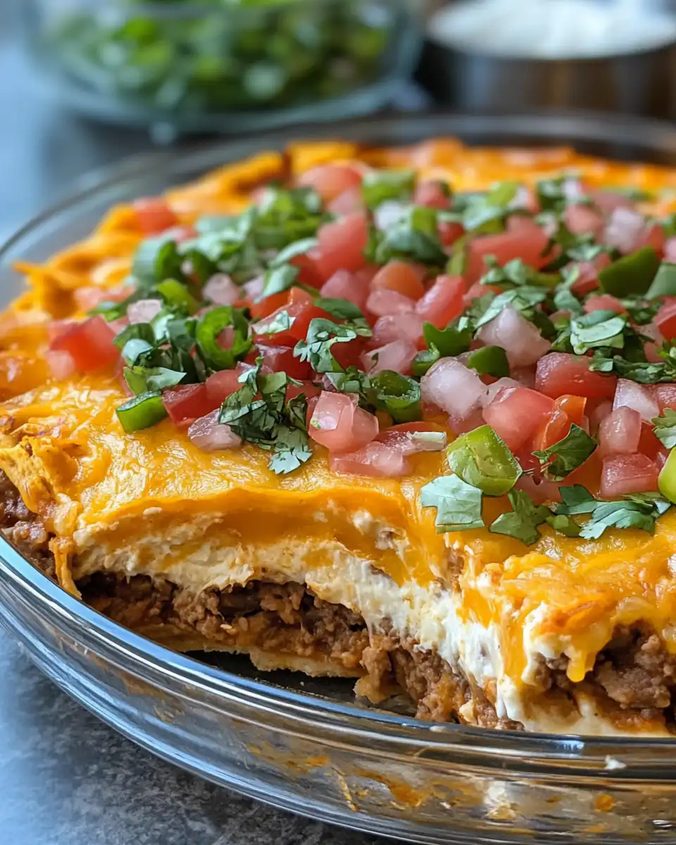 Ingredients for taco pie including cheddar cheese, ground beef, garlic, and spices