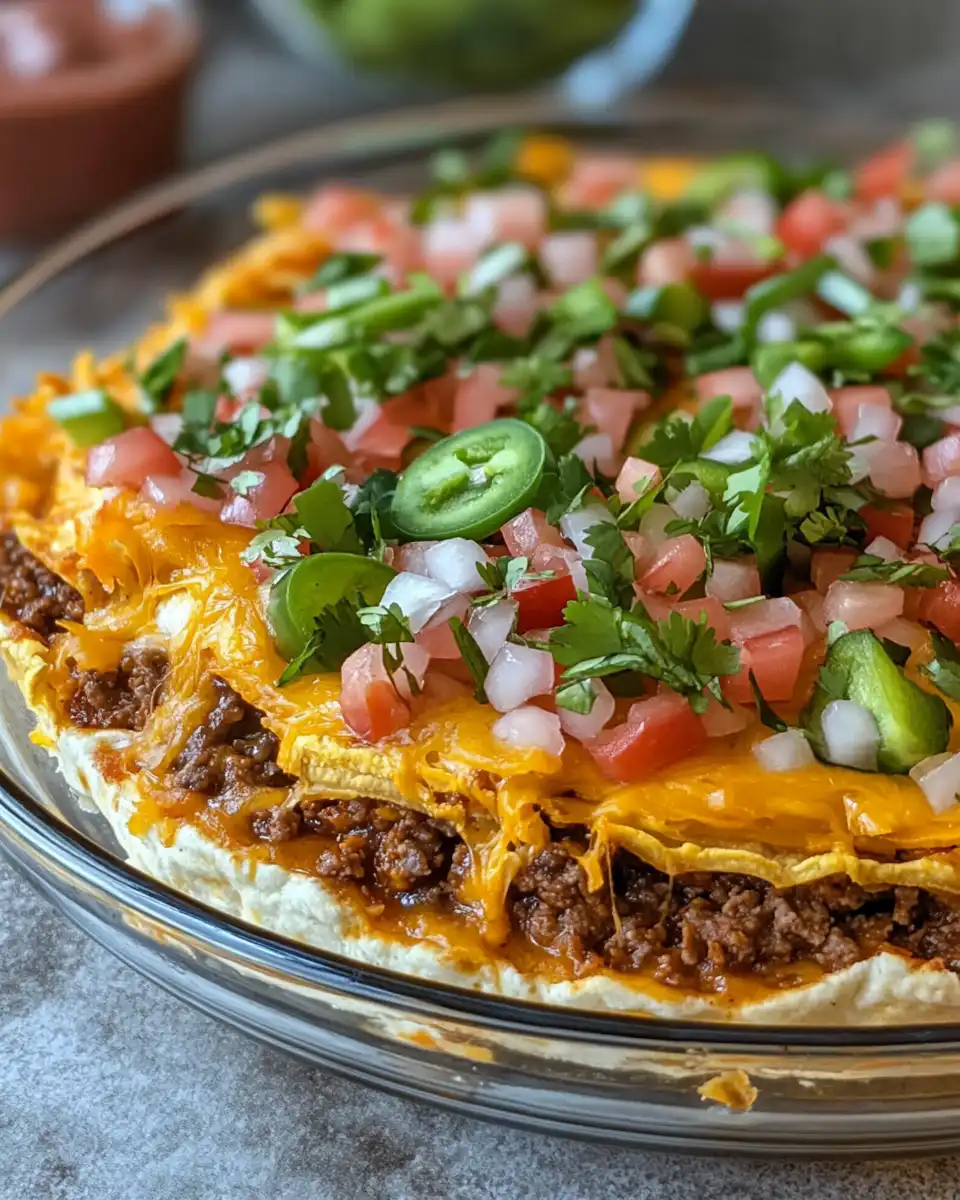 Golden baked taco pie sliced with melting cheese and fresh toppings
