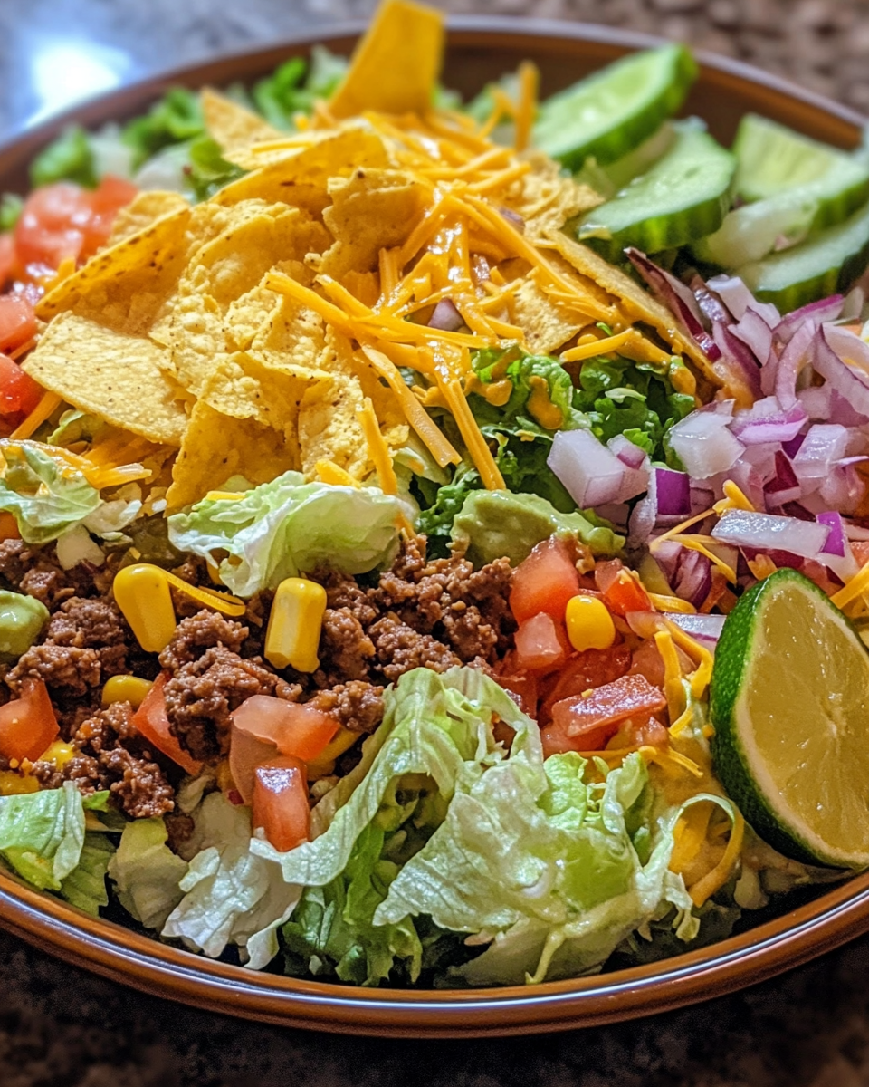 Ingredients for taco salad including ground beef, lettuce, cheese, and chips