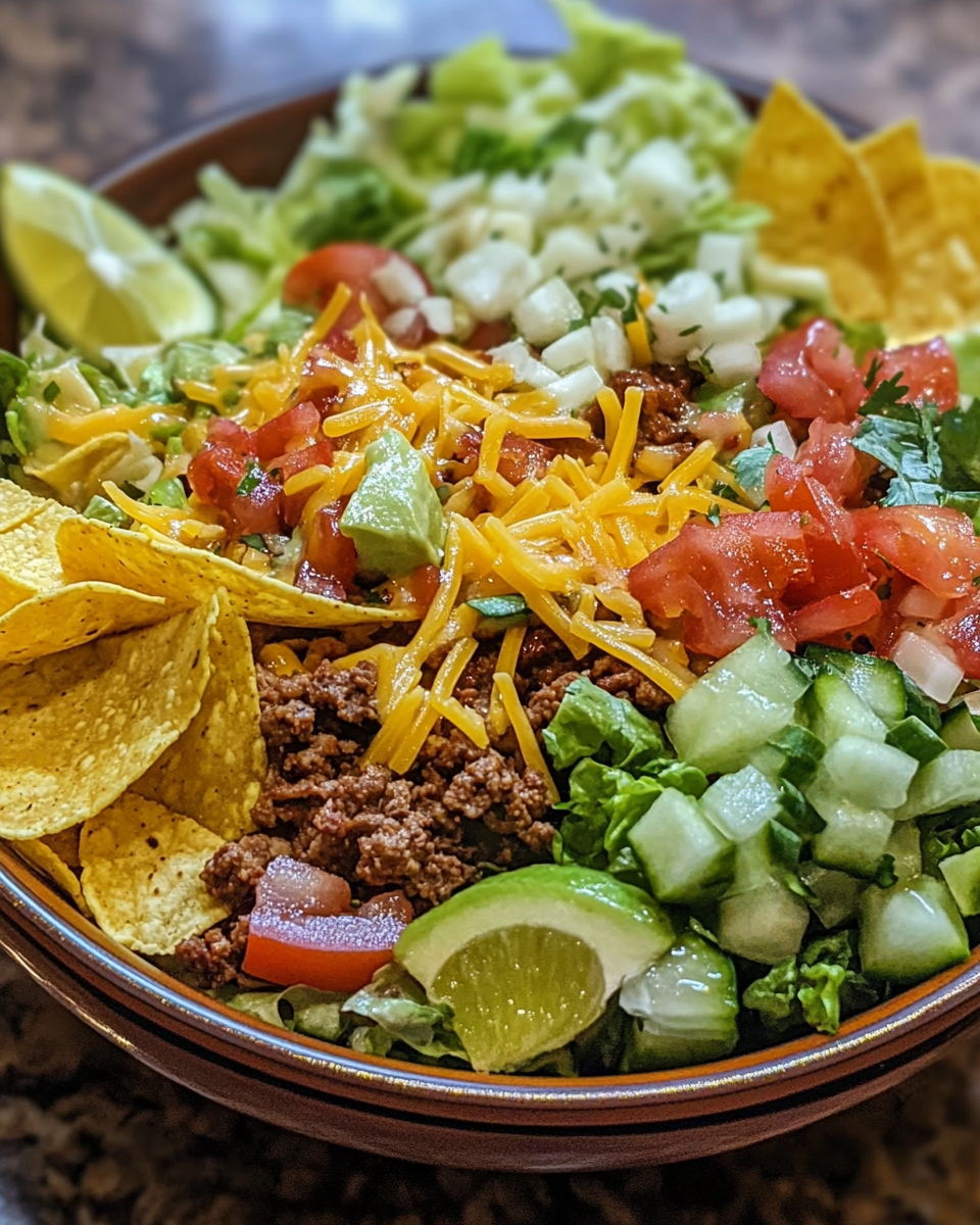 Taco salad assembly showing layering with beef, cheese, and chips