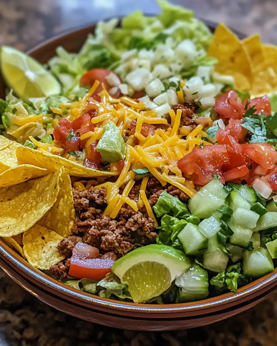 Taco salad assembly showing layering with beef, cheese, and chips