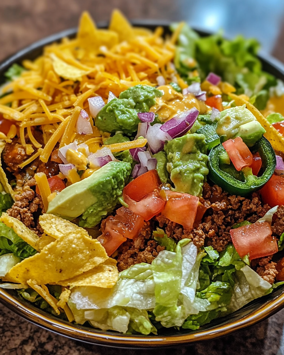 Pressure cooker taco salad served fresh with beef and cheese