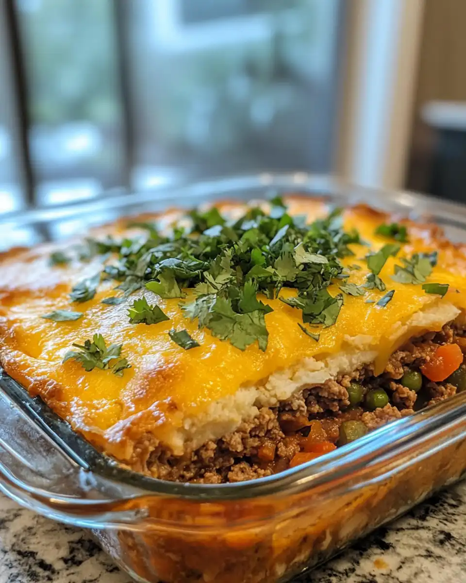 Final baked shepherd’s pie taco casserole with golden cheesy top