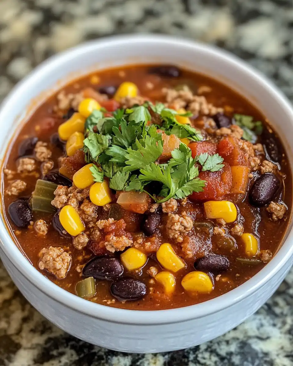 Bowl of finished taco soup with beans, corn, and beef ready to serve