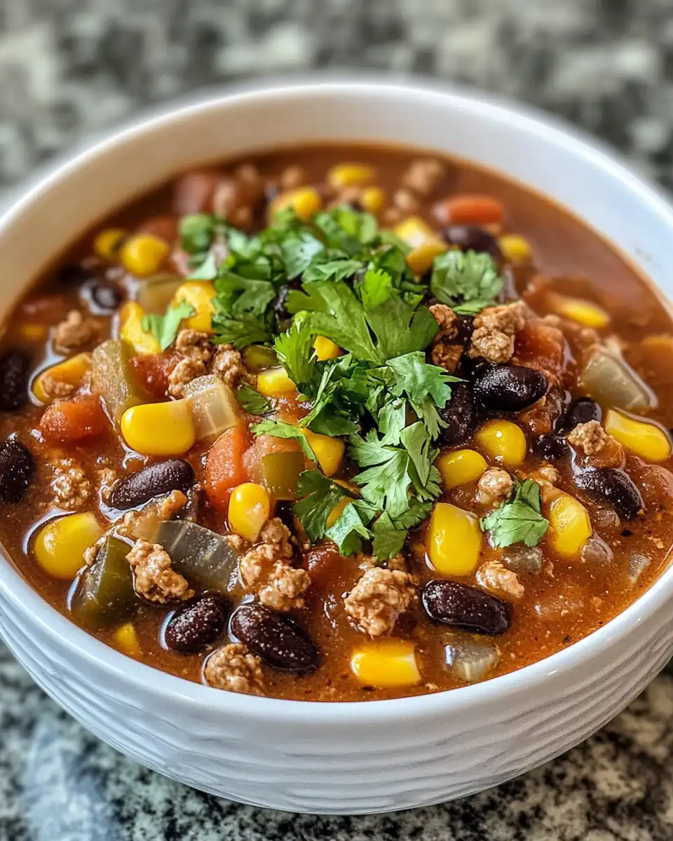 Freshly cooked taco soup in pressure cooker showing broth and ingredients