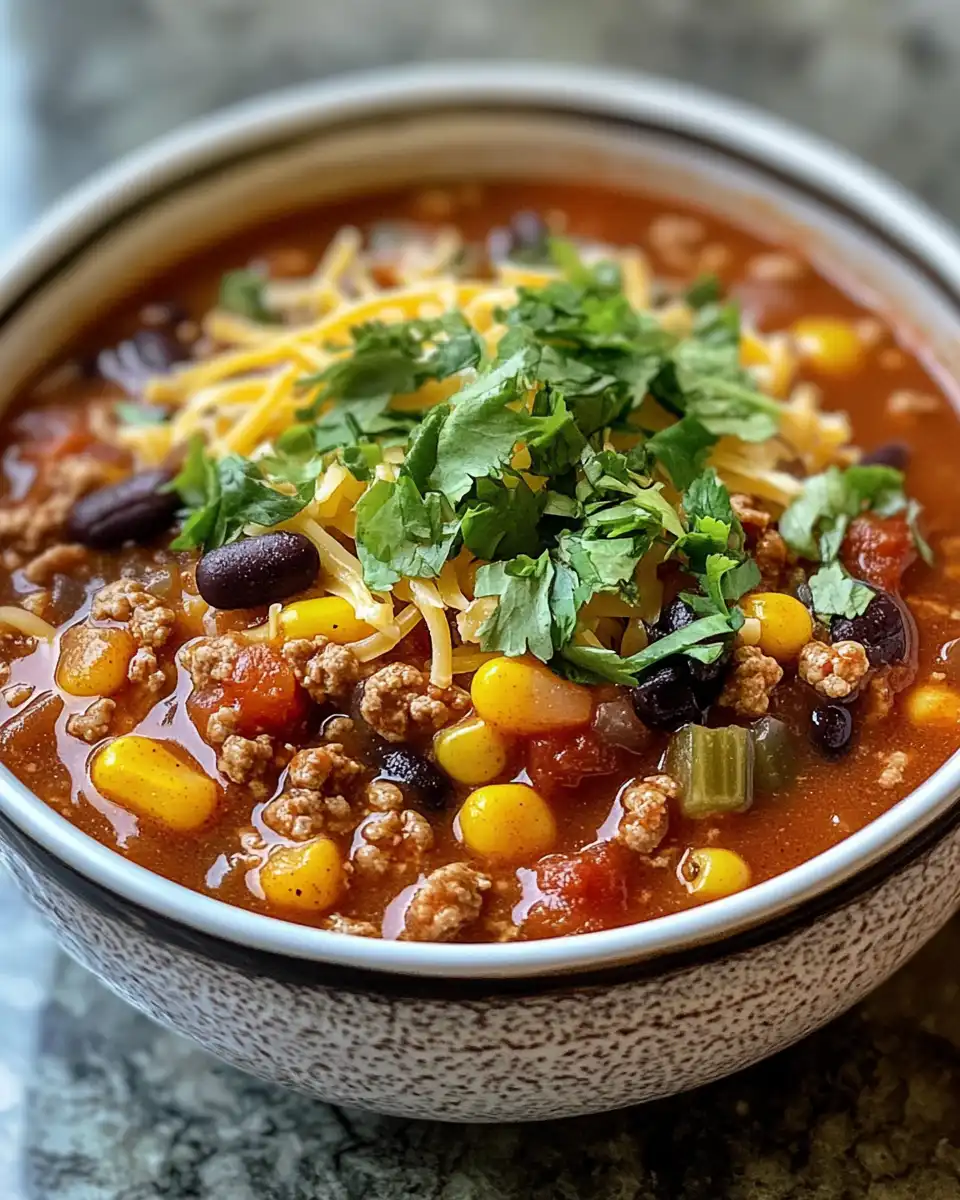 Ingredients for taco soup: beef, tomatoes, beans, and spices in bowls
