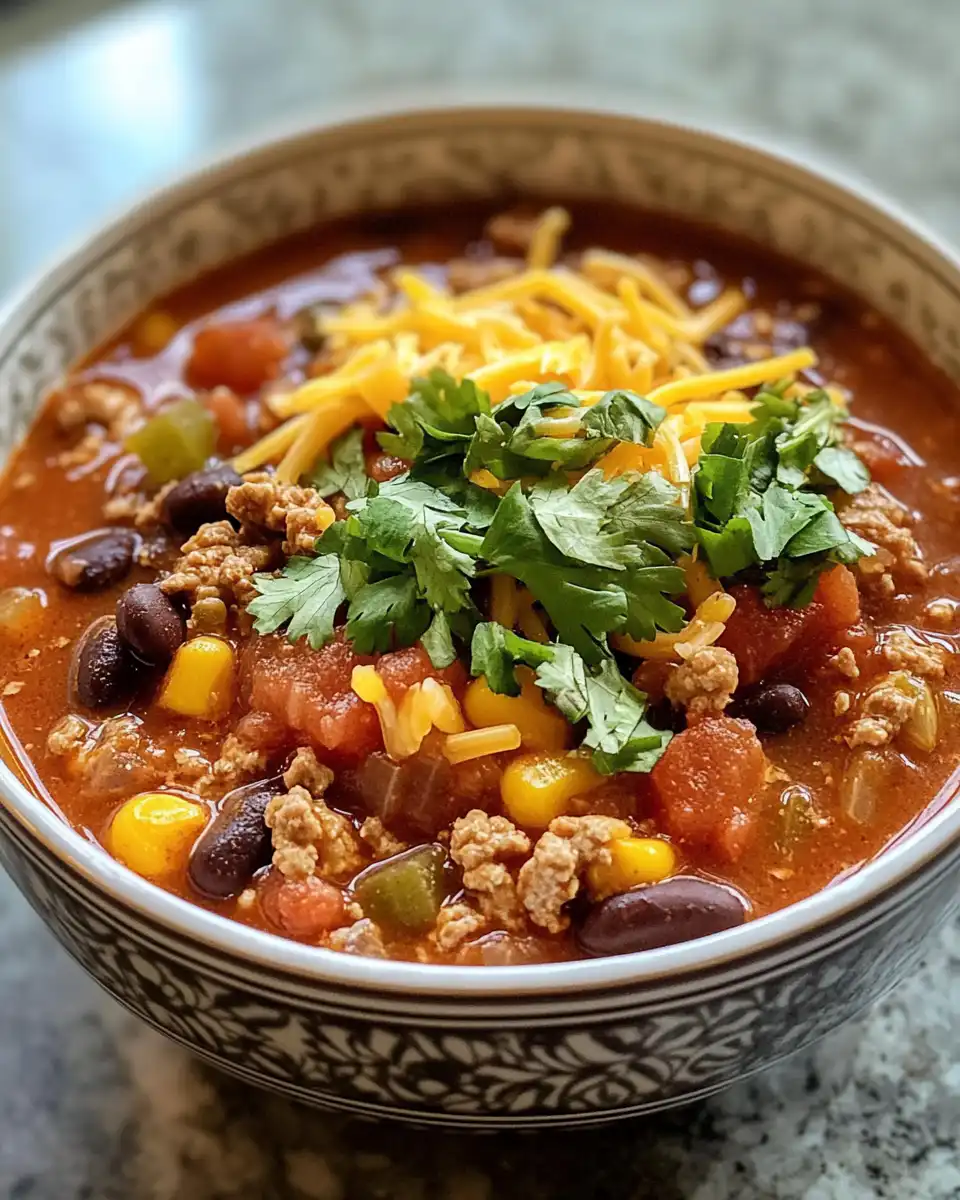 Final plated taco soup with toppings in a bowl ready to serve