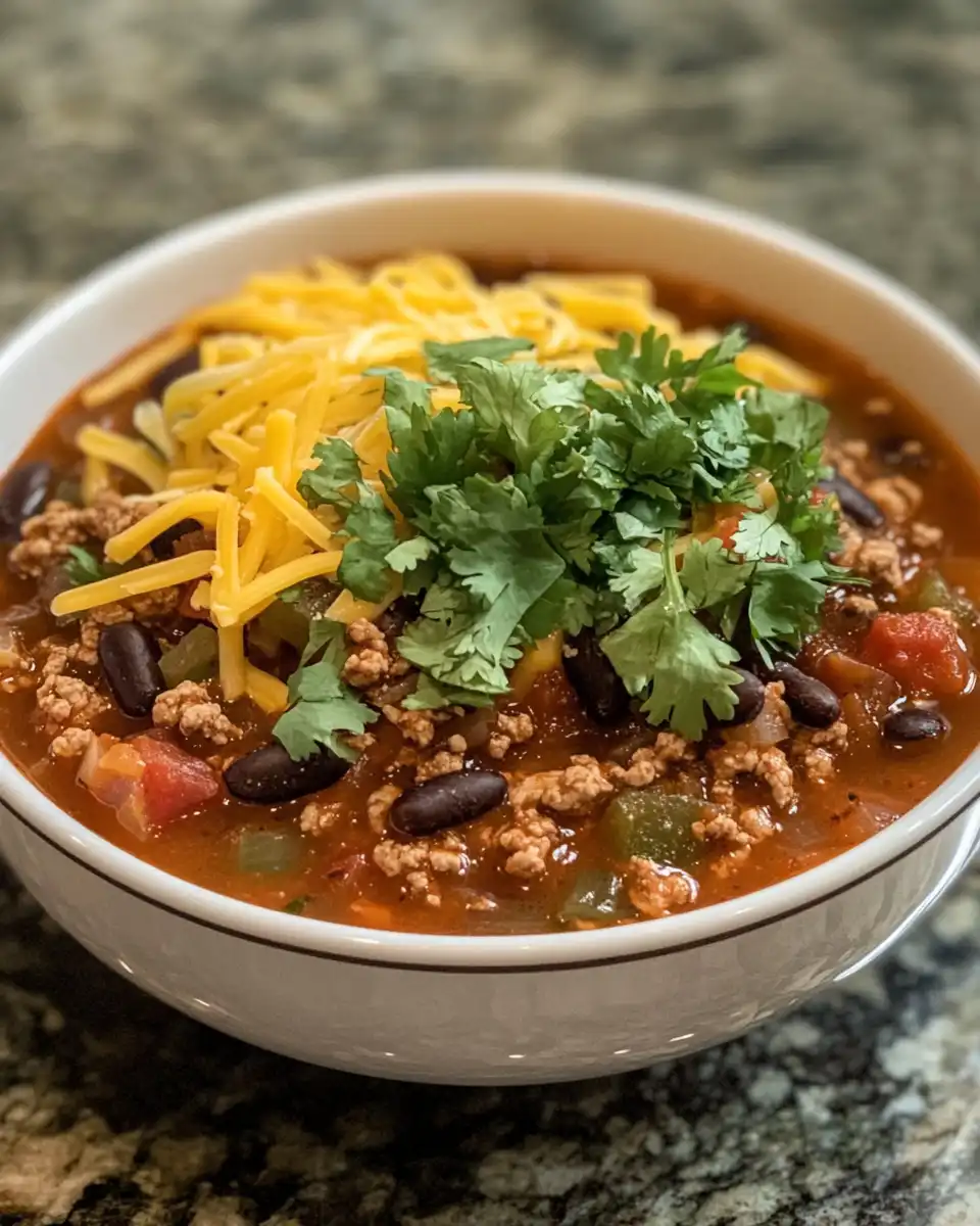 Finished bowl of taco soup garnished with cheese, avocado, and tortilla chips