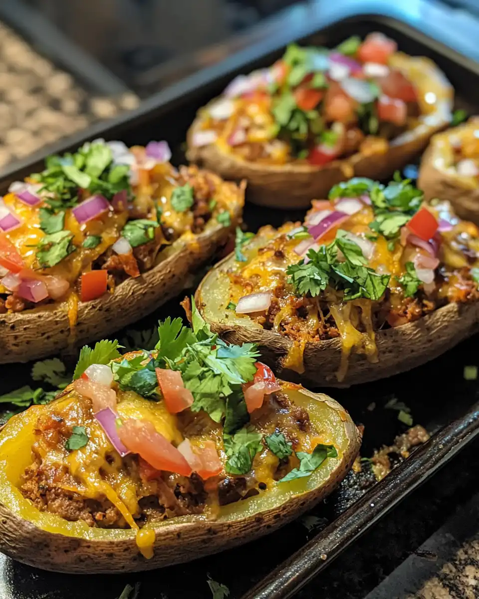 Ingredients for taco stuffed baked potatoes including ground beef, onions, garlic, and taco seasoning