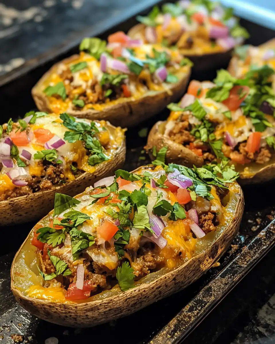 Final loaded taco stuffed baked potatoes served with toppings
