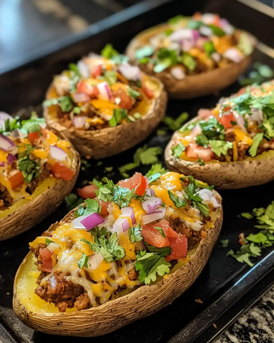 Steam rising from pressure cooker loaded taco stuffed baked potatoes