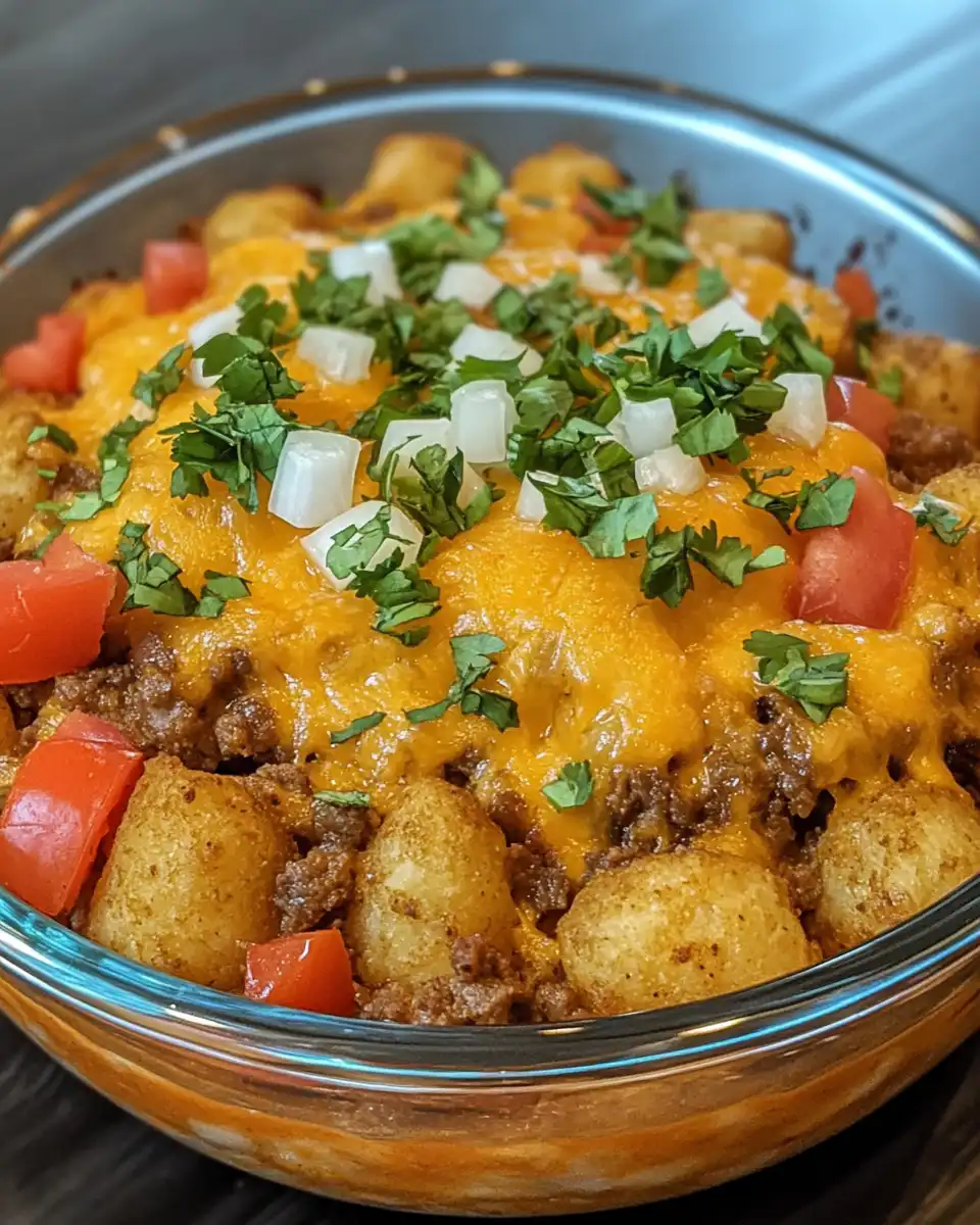 Golden crispy taco tater tot casserole fresh from the oven