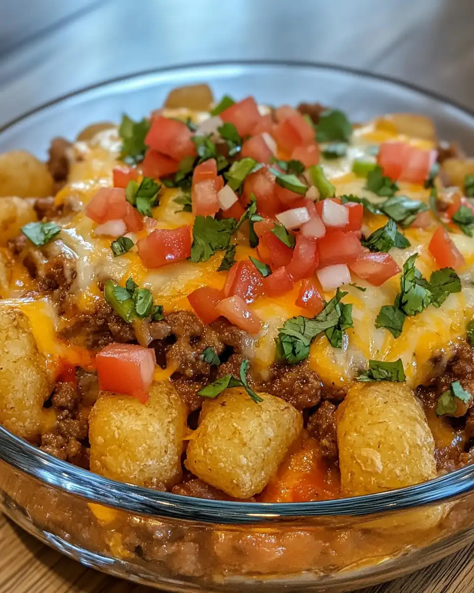 Close-up of steaming taco tater tot casserole in pressure cooker