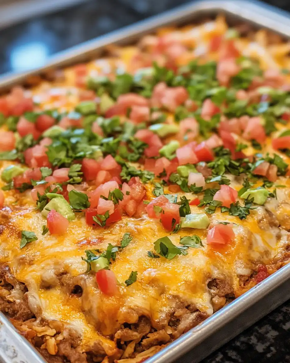 Finished chicken taco explosion traybake with crispy tortilla chips and melted cheese
