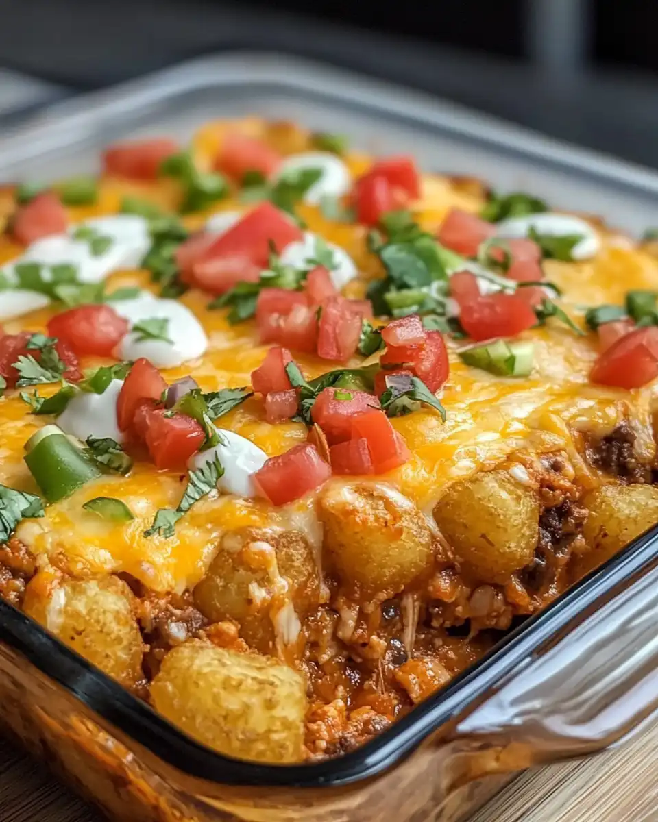 Finished tater tot taco casserole with melted cheese and crispy tater tots