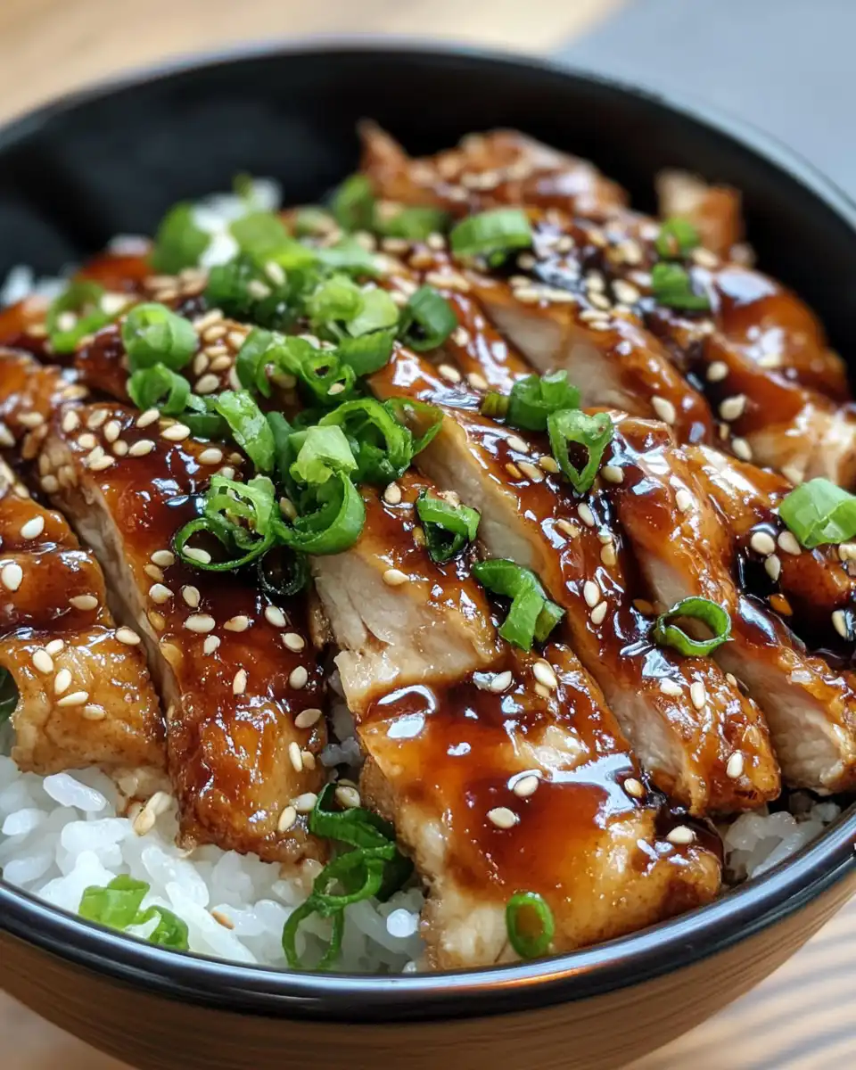 Finished teriyaki chicken rice bowl served with broccoli and rice