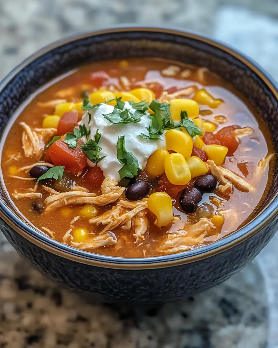 Serving bowl of chicken taco soup topped with sour cream and cheese