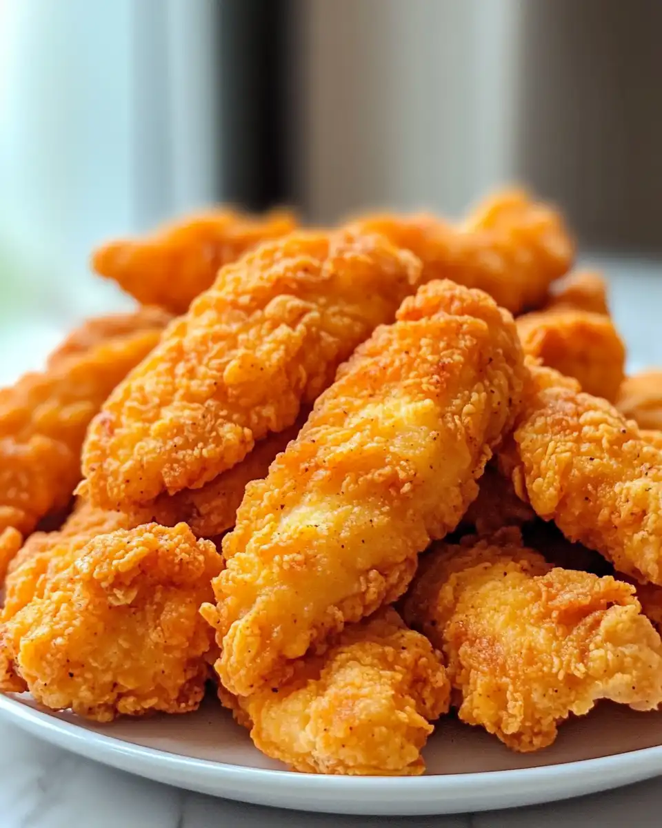 Final golden brown crispy fried Popeyes chicken tenders