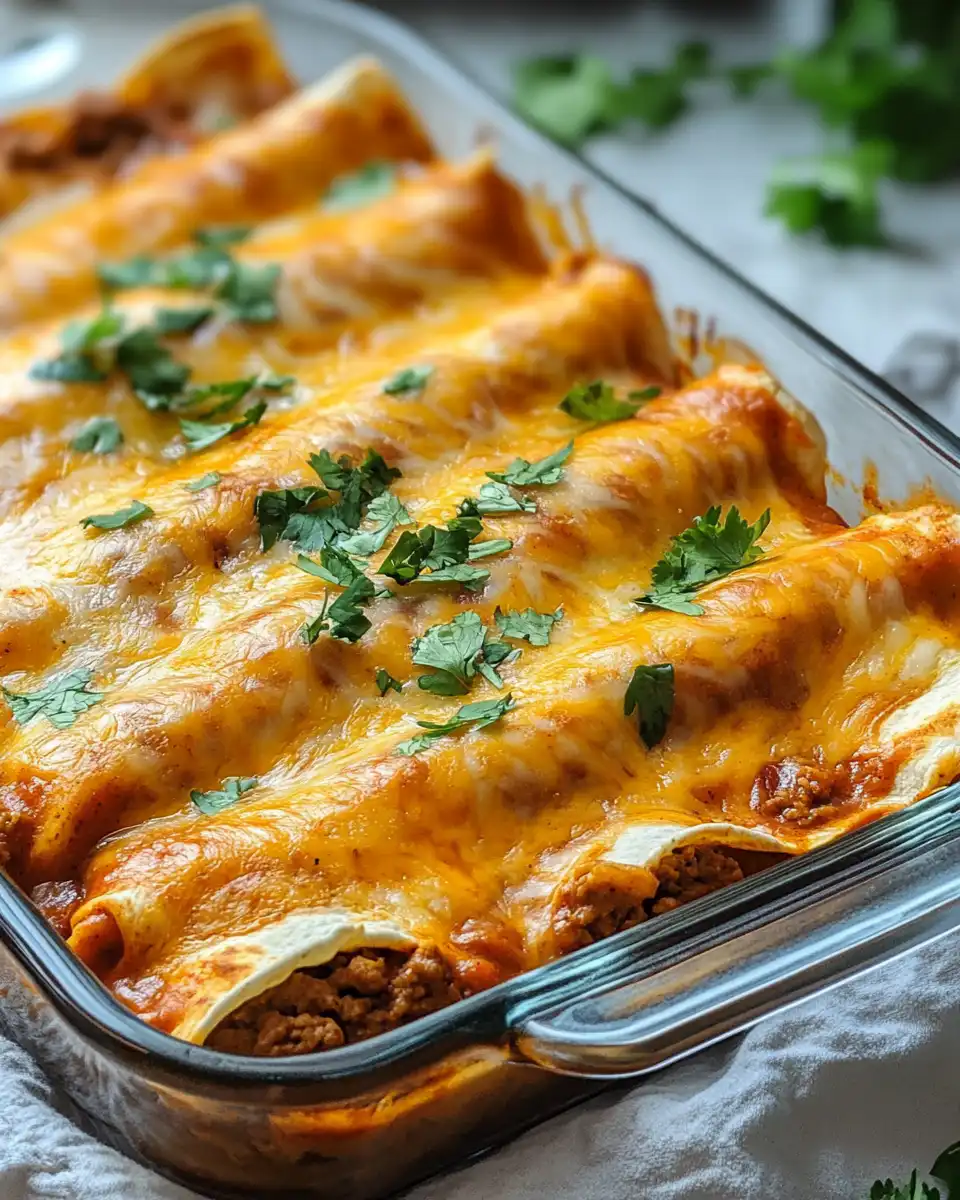 Ingredients for ground beef enchiladas laid out including spices, beef, tortillas