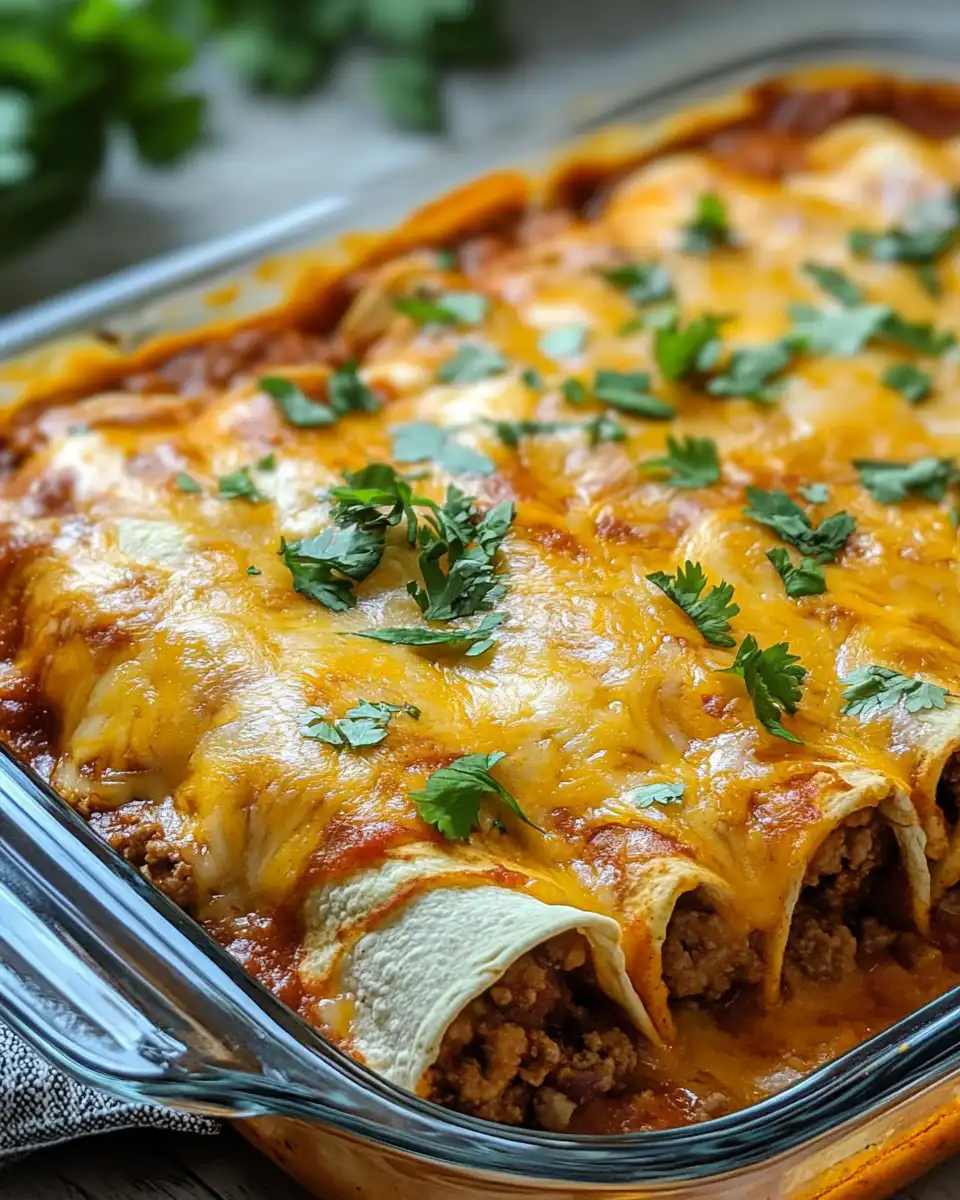Plate of finished ground beef enchiladas with melted cheese and garnish
