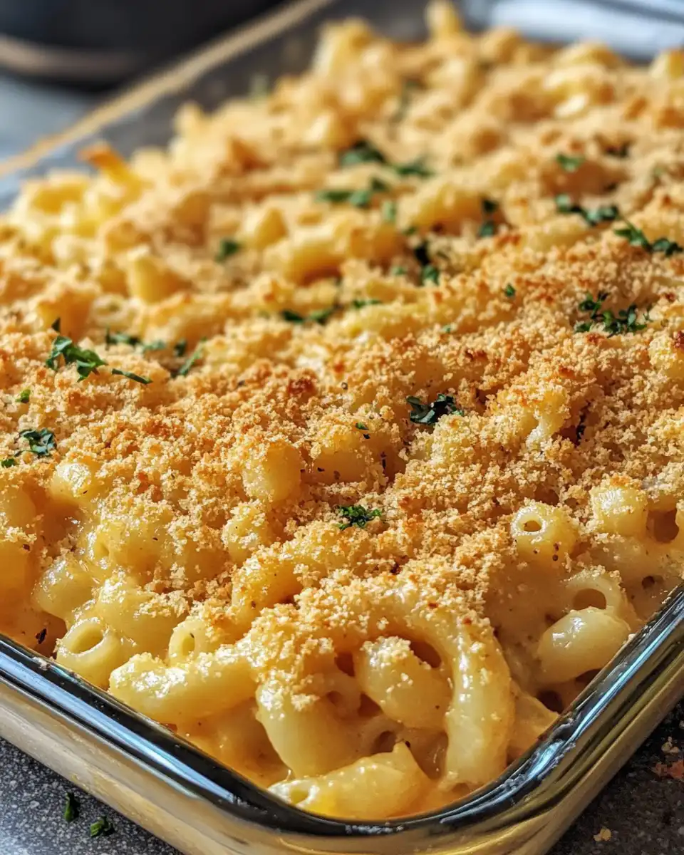 Golden baked vegan mac and cheese with crispy topping ready to serve