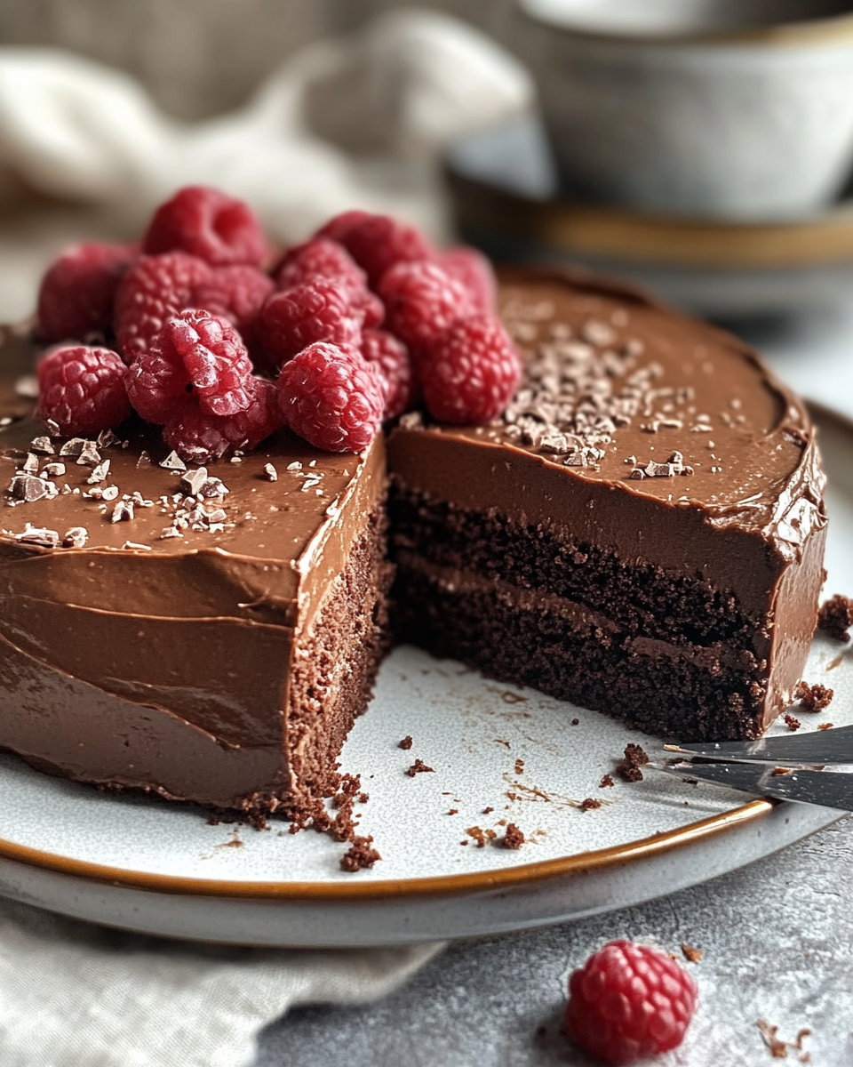 Slice of finished vegan chocolate cake on a plate ready to eat