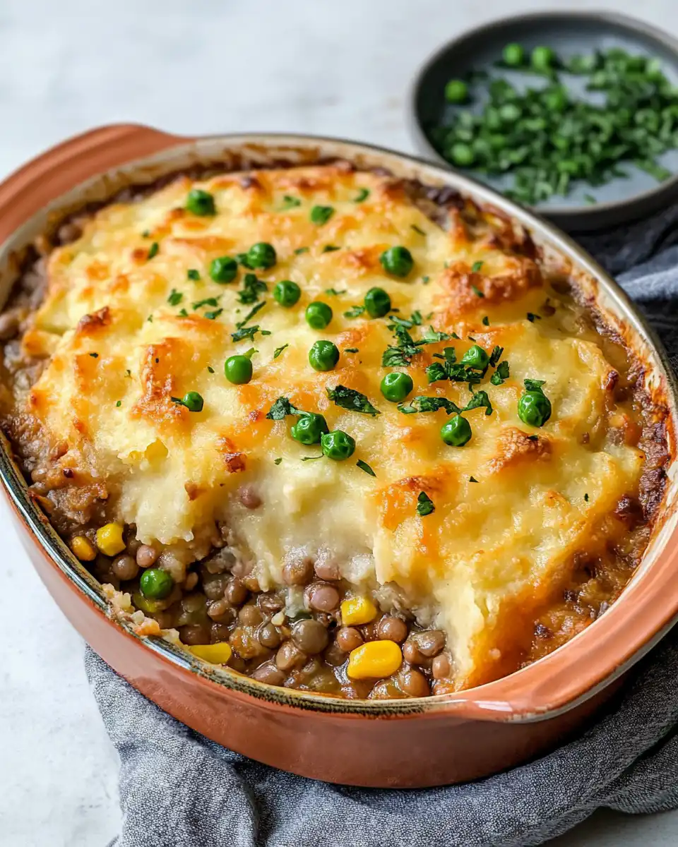 Golden brown baked vegan lentil shepherd's pie fresh from the oven