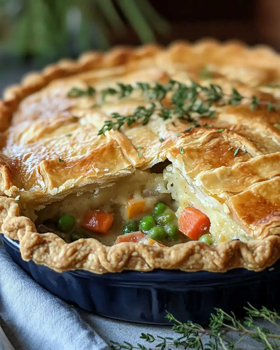 Final vegan pot pie served with fresh herbs and crispy golden puff pastry