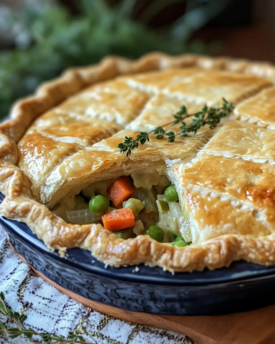 Golden vegan pot pie with flaky puff pastry top fresh from the oven