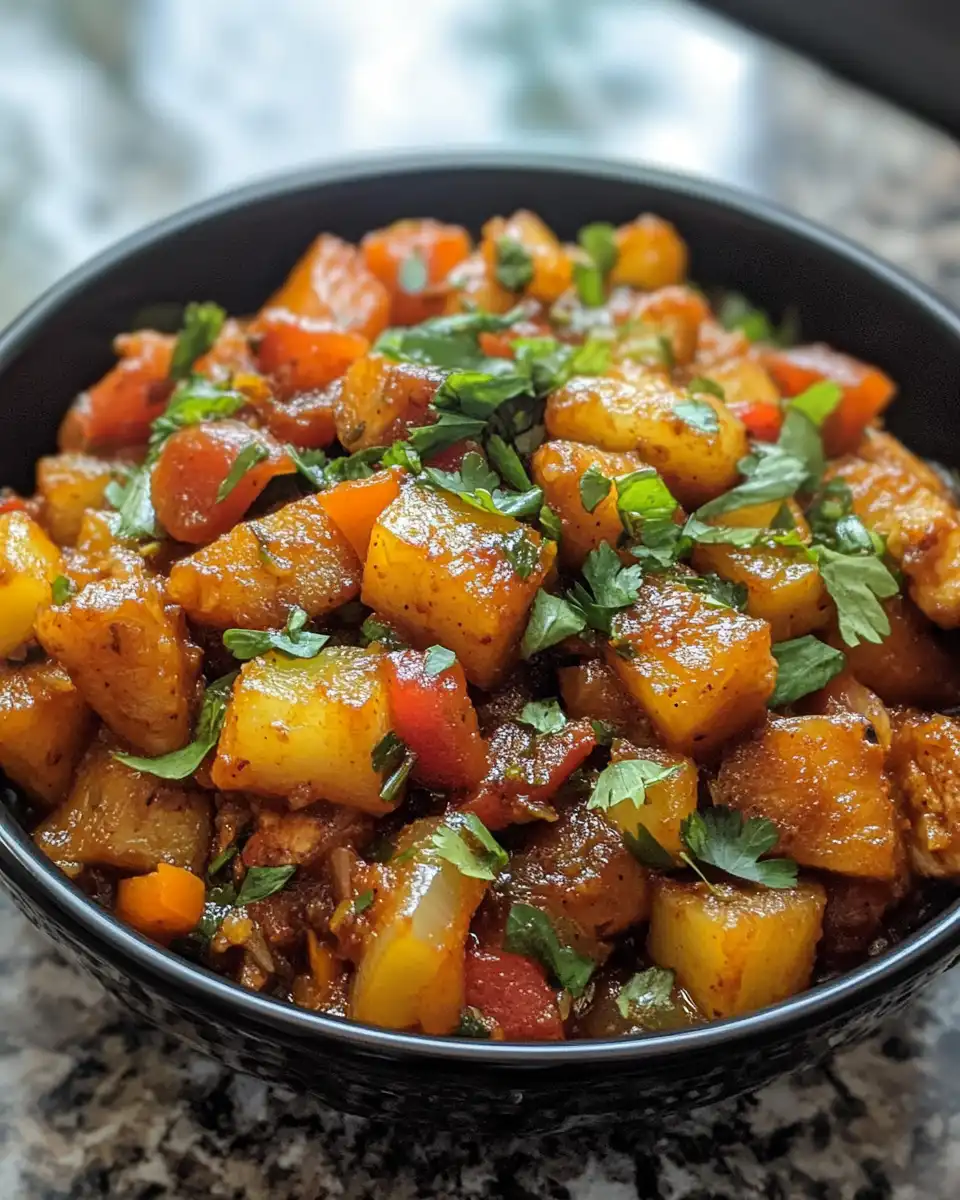 Finished sweet and sour tofu dish plated with sesame seeds and scallion garnish