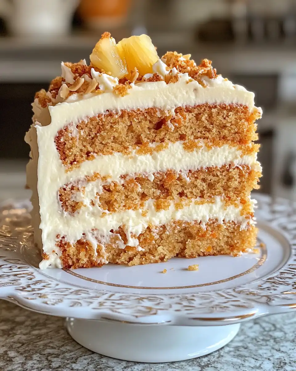 Slice of finished pressure cooker tropical carrot cake topped with toasted coconut