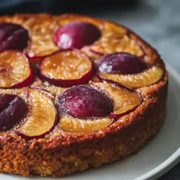 Upside Down Plum Almond Cake Vegan Dairy Free taken with iphone 15 pro max --iw 2 --ar 4:5 --v 6.1 --raw