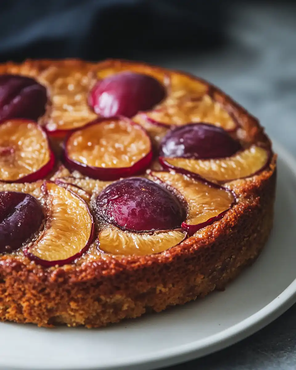 Upside down plum almond cake steaming fresh from the pressure cooker