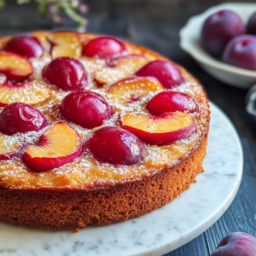 Upside Down Plum Almond Cake Vegan Dairy Free taken with iphone 15 pro max --iw 2 --ar 4:5 --v 6.1 --raw