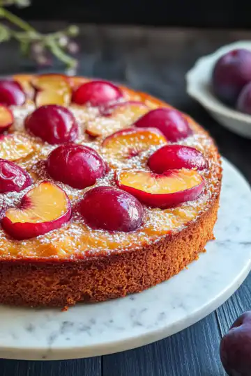 Upside Down Plum Almond Cake Vegan Dairy Free taken with iphone 15 pro max --iw 2 --ar 4:5 --v 6.1 --raw