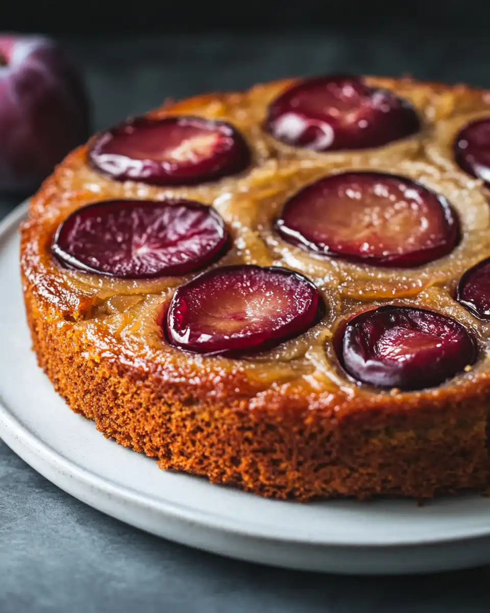 Finished pressure cooker plum almond cake flipped out with caramelized plums on top