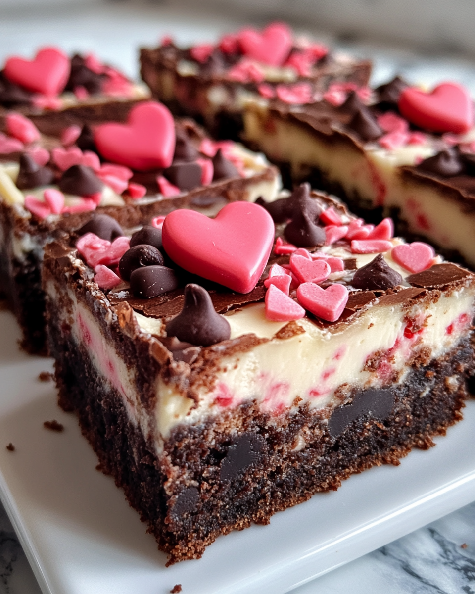 Sliced Valentine's cheesecake brownies showing marbled cream cheese swirl