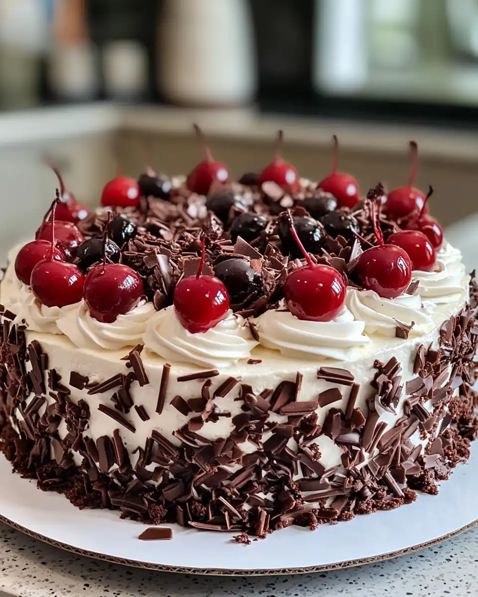 Finished vegan Black Forest Cake ready to serve with whipped cream and chocolate shavings