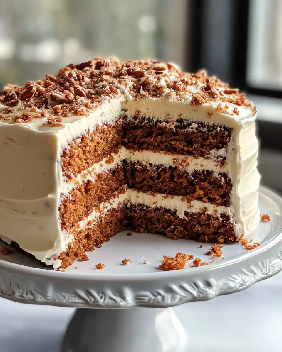 Final sliced vegan carrot cake topped with vegan cream cheese frosting