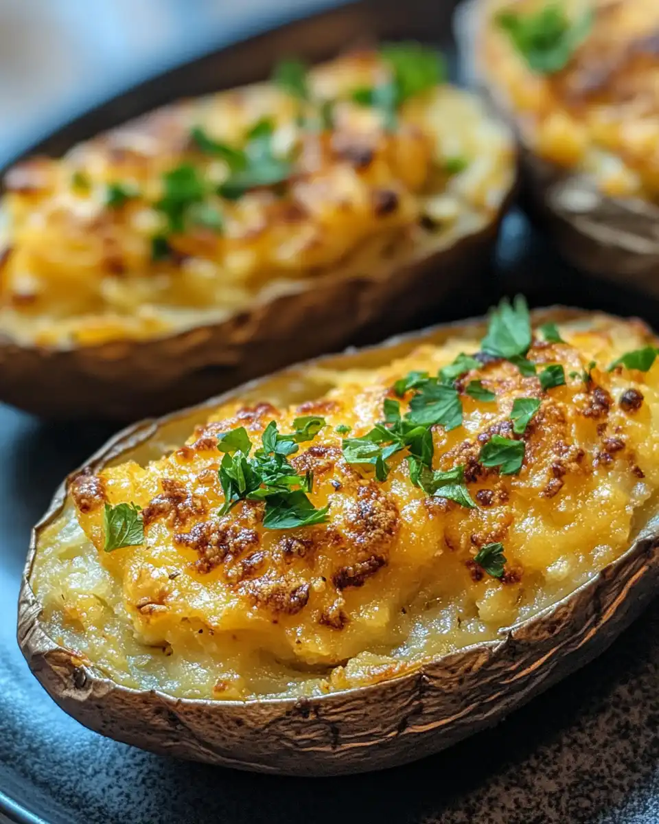 Final vegan double baked potatoes plated and ready to serve