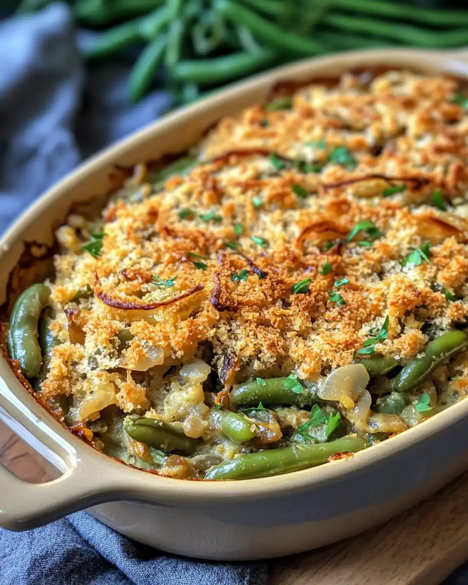 Finished vegan green bean casserole with golden fried onions on top served fresh