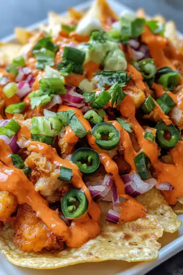 Vegan Nashville Hot Chicken Nachos taken with iphone 15 pro max --iw 2 --ar 4:5 --v 6.1 --raw