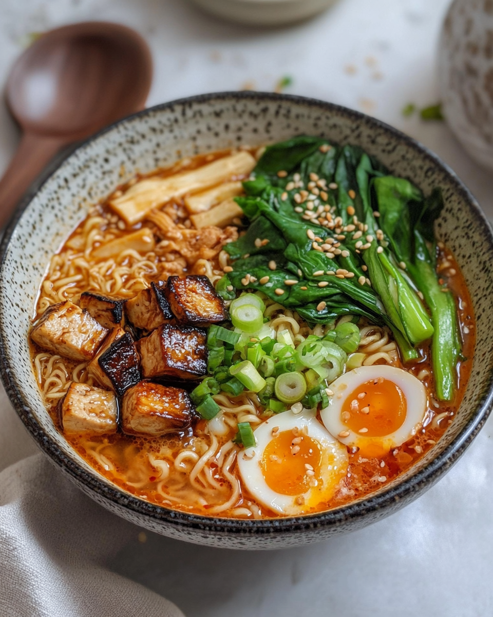 Fresh vegan ramen ingredients including garlic, ginger, mushrooms, and noodles