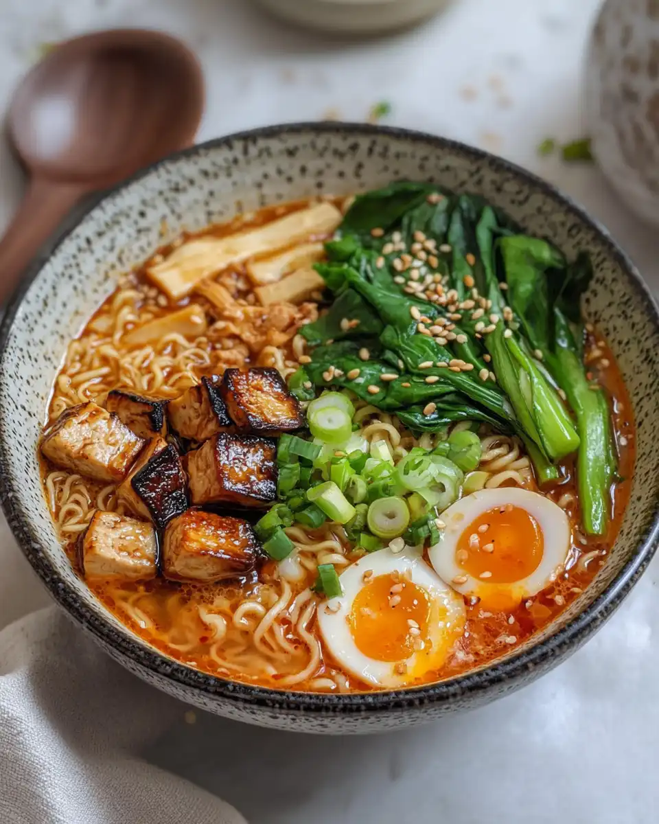 Fresh vegan ramen ingredients including garlic, ginger, mushrooms, and noodles