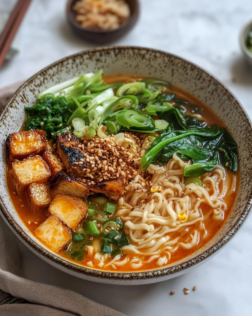 Finished vegan ramen noodle soup with tofu and garnishes