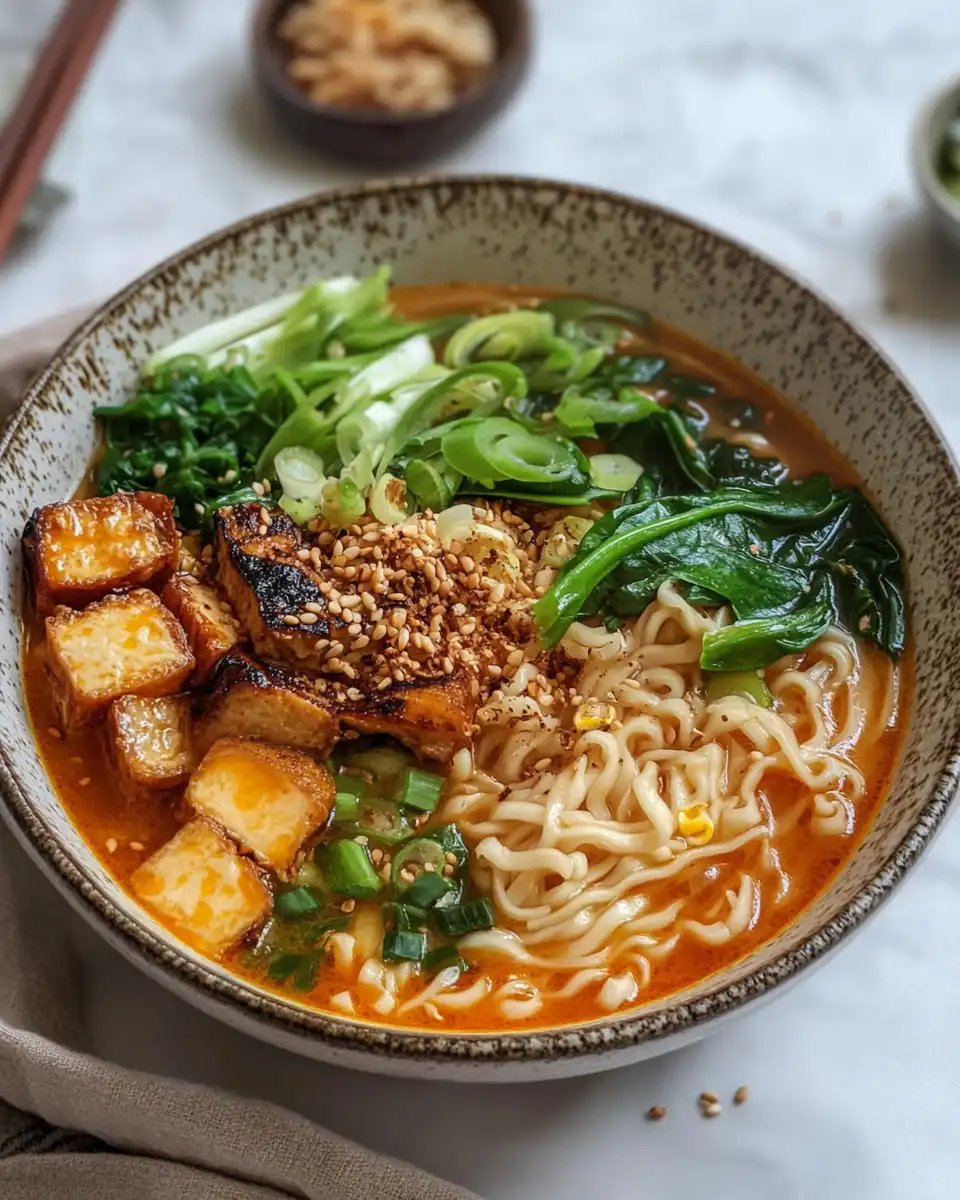 Finished vegan ramen noodle soup with tofu and garnishes