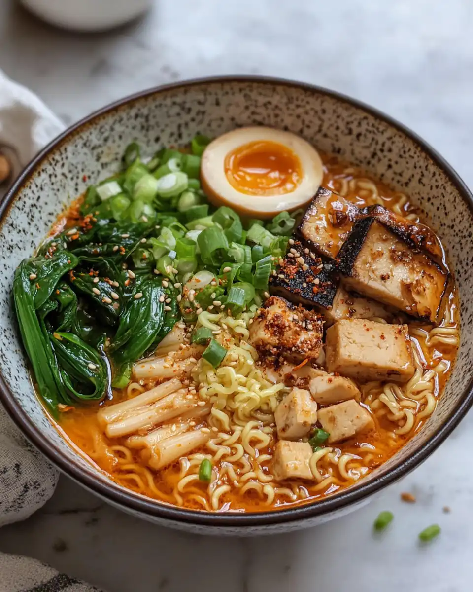 Fresh vegan ramen noodle soup in a bowl with tofu and broth
