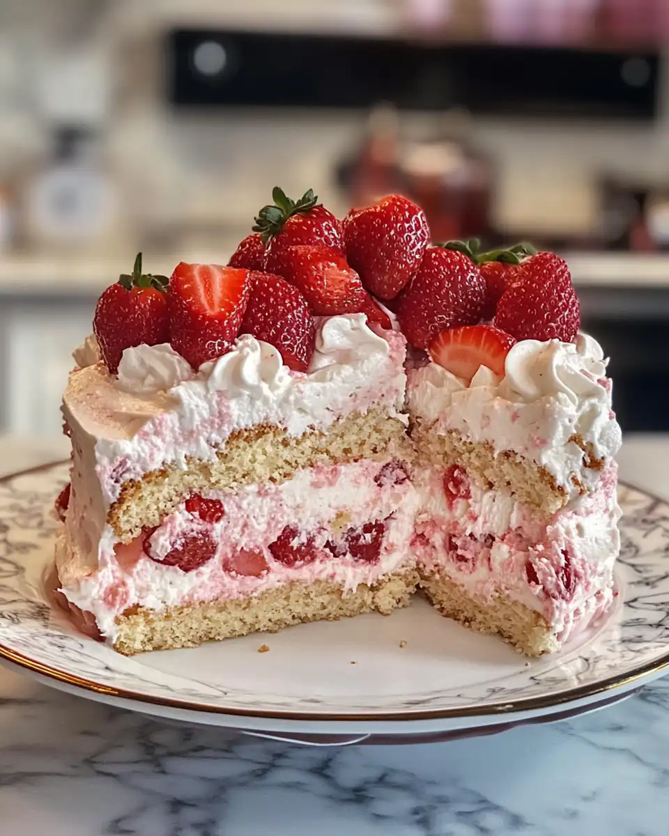 Ingredients for vegan strawberry cake including strawberries, flour, sugar, and dairy-free milk