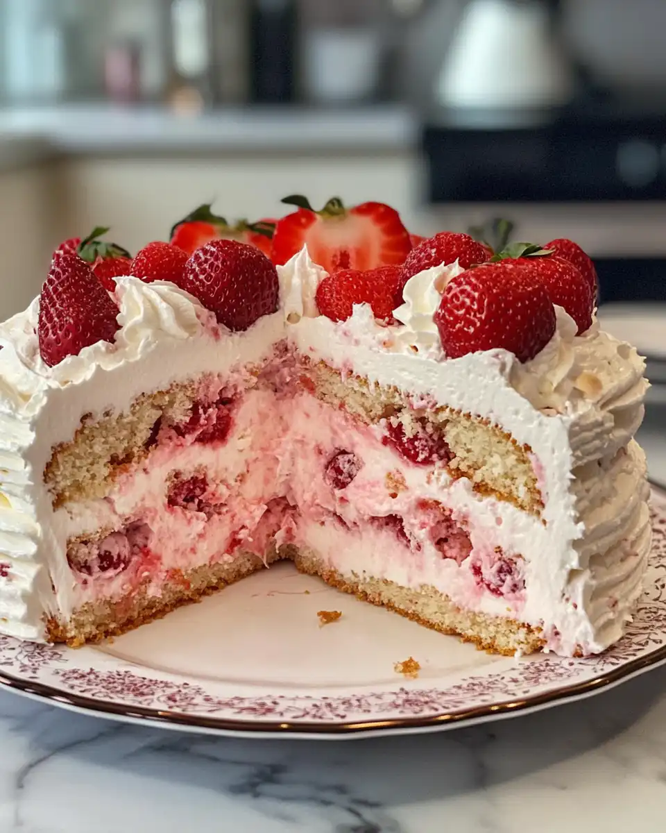 Vegan strawberry cake topped with smooth frosting and fresh berries ready to serve