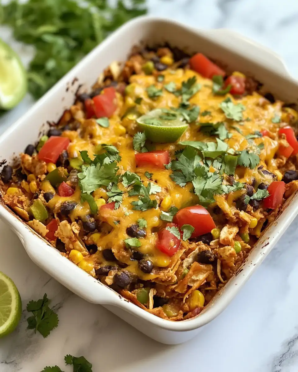 Finished vegan taco casserole fresh from the oven with toppings